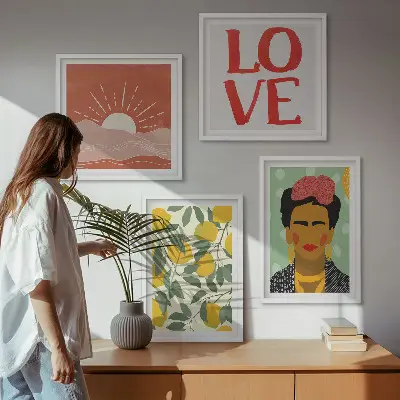 Set de cuadros modernos para salón con diseño de limones, amor y paisaje al estilo de Frida
