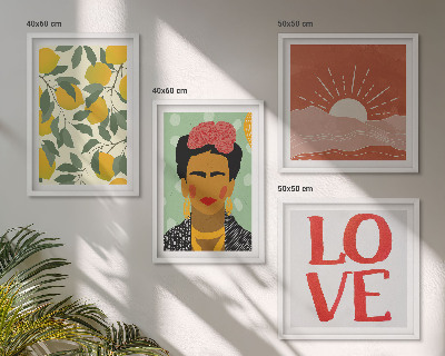 Set de cuadros modernos para salón Inscripción de limones, amor, paisaje Frida