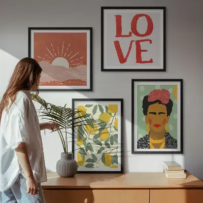 Set de cuadros modernos para salón con diseño de limones, amor y paisaje al estilo de Frida