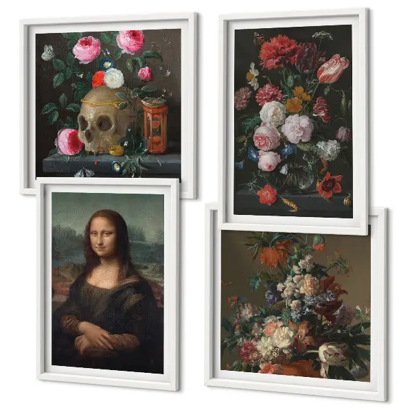 Set de 4 cuadros decorativos para salón con diseño vintage de flores y la Mona Lisa calavera