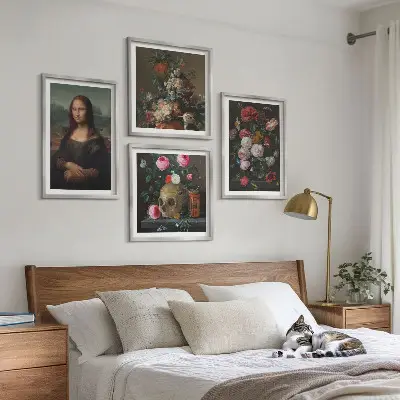Set de 4 cuadros decorativos para salón con diseño vintage de flores y la Mona Lisa calavera