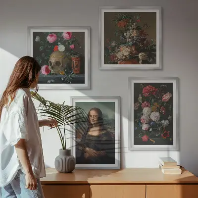 Set de 4 cuadros decorativos para salón con diseño vintage de flores y la Mona Lisa calavera