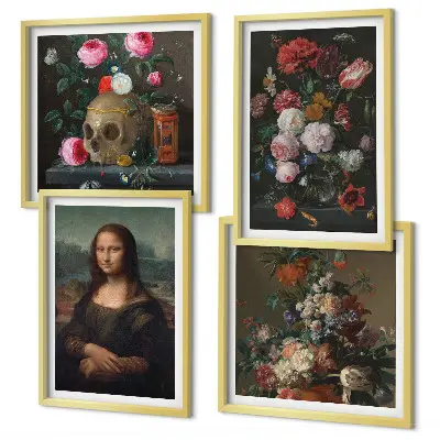 Set de 4 cuadros decorativos para salón con diseño vintage de flores y la Mona Lisa calavera