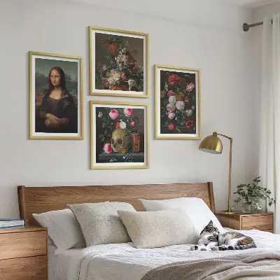 Set de 4 cuadros decorativos para salón con diseño vintage de flores y la Mona Lisa calavera