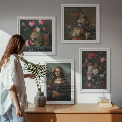 Set de 4 cuadros decorativos para salón con diseño vintage de flores y la Mona Lisa calavera