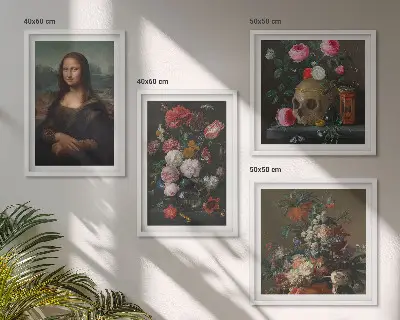Set de 4 cuadros decorativos para salón con diseño vintage de flores y la Mona Lisa calavera