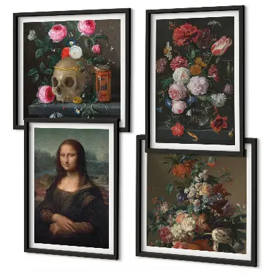 Set de 4 cuadros decorativos para salón con diseño vintage de flores y la Mona Lisa calavera