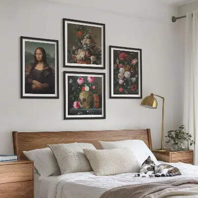 Set de 4 cuadros decorativos para salón con diseño vintage de flores y la Mona Lisa calavera