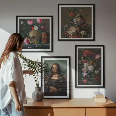 Set de 4 cuadros decorativos para salón con diseño vintage de flores y la Mona Lisa calavera