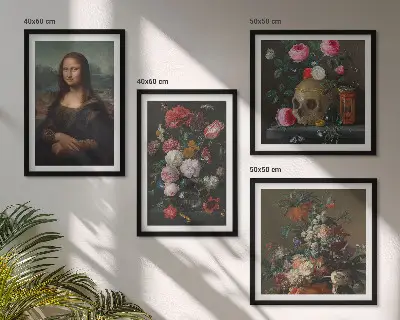 Set de 4 cuadros decorativos para salón con diseño vintage de flores y la Mona Lisa calavera