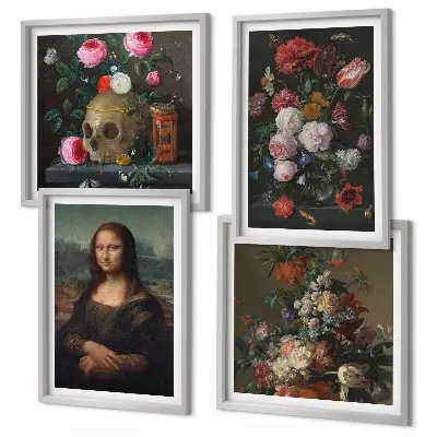 Set de 4 cuadros decorativos para salón con diseño vintage de flores y la Mona Lisa calavera