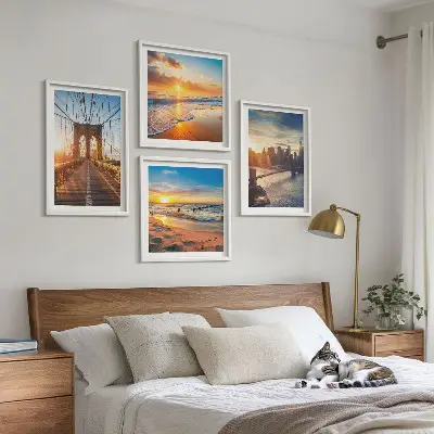 Galería de pared con diseño de puentes en atardeceres de ciudad