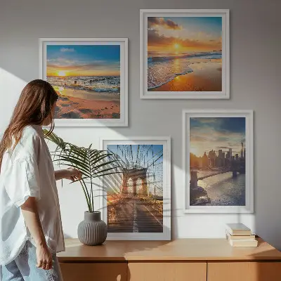 Galería de pared con diseño de puentes en atardeceres de ciudad