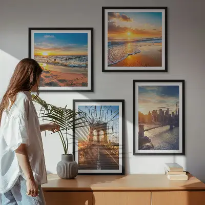 Galería de pared con diseño de puentes en atardeceres de ciudad