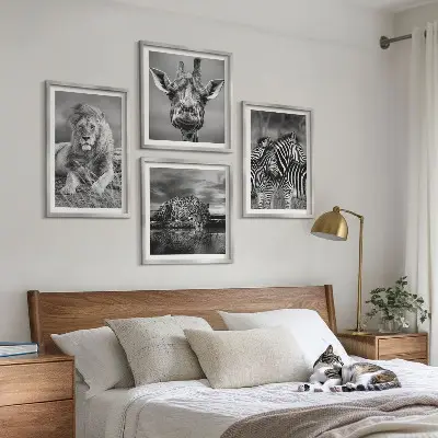 Set de 4 cuadros decorativos para salón con motivos de león, jaguar, jirafa y cebras