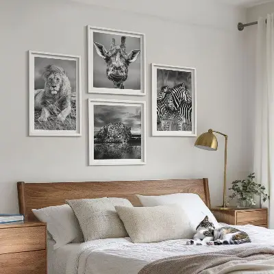 Set de 4 cuadros decorativos para salón con motivos de león, jaguar, jirafa y cebras