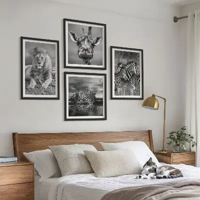 Set de 4 cuadros decorativos para salón con motivos de león, jaguar, jirafa y cebras
