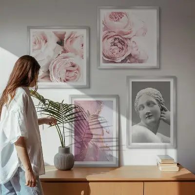 Set de 4 cuadros de escultura de peonía representación artística de una mujer
