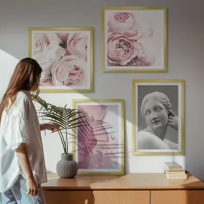 Set de 4 cuadros de escultura de peonía representación artística de una mujer