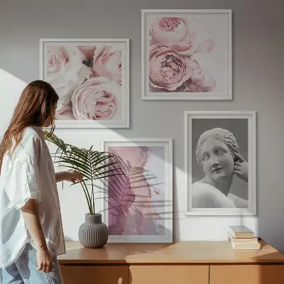 Set de 4 cuadros de escultura de peonía representación artística de una mujer
