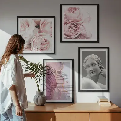 Set de 4 cuadros de escultura de peonía representación artística de una mujer