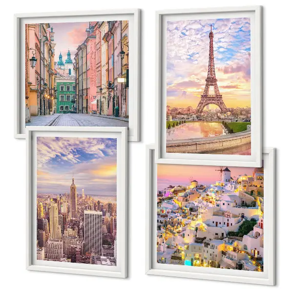 Galería de pared con paisajes de Nueva York, París, Oia y Varsovia al crepúsculo