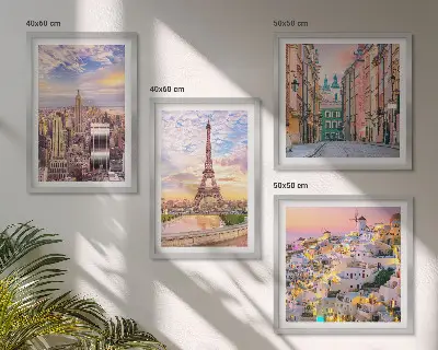 Galería de pared con paisajes de Nueva York, París, Oia y Varsovia al crepúsculo