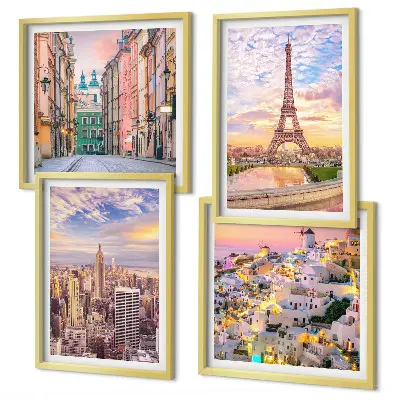 Galería de pared con paisajes de Nueva York, París, Oia y Varsovia al crepúsculo