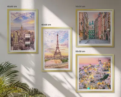 Galería de pared con paisajes de Nueva York, París, Oia y Varsovia al crepúsculo