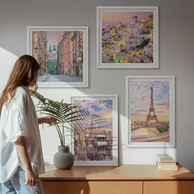 Galería de pared con paisajes de Nueva York, París, Oia y Varsovia al crepúsculo