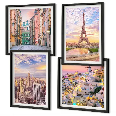 Galería de pared con paisajes de Nueva York, París, Oia y Varsovia al crepúsculo