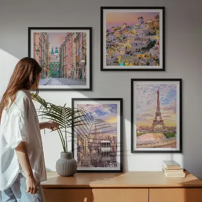 Galería de pared con paisajes de Nueva York, París, Oia y Varsovia al crepúsculo