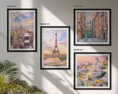 Galería de pared con paisajes de Nueva York, París, Oia y Varsovia al crepúsculo