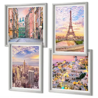 Galería de pared con paisajes de Nueva York, París, Oia y Varsovia al crepúsculo