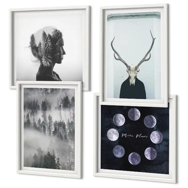 Set de 4 cuadros para salón con diseño de mujer calavera con luna y niebla en el bosque