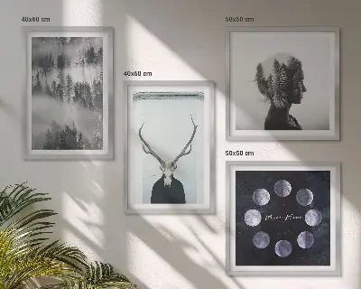 Set de 4 cuadros para salón con diseño de mujer calavera con luna y niebla en el bosque