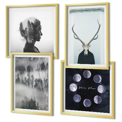 Set de 4 cuadros para salón con diseño de mujer calavera con luna y niebla en el bosque