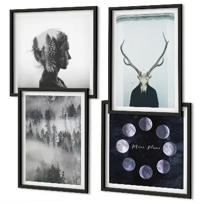Set de 4 cuadros para salón con diseño de mujer calavera con luna y niebla en el bosque