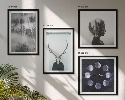 Set de 4 cuadros para salón con diseño de mujer calavera con luna y niebla en el bosque