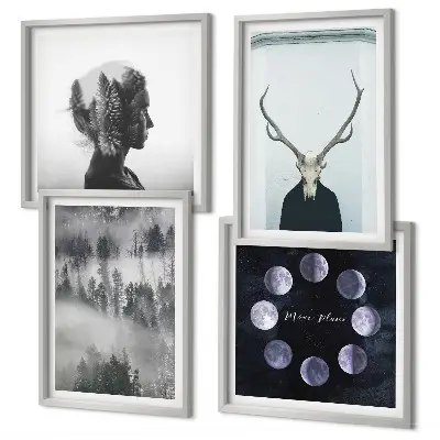 Set de 4 cuadros para salón con diseño de mujer calavera con luna y niebla en el bosque