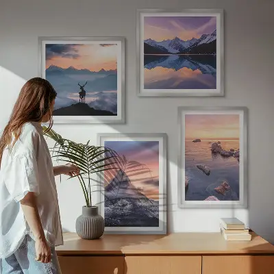 Set de cuadros modernos para salón con diseño de paisajes de montañas y lagos