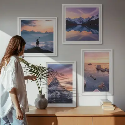 Set de cuadros modernos para salón con diseño de paisajes de montañas y lagos
