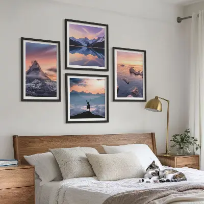 Set de cuadros modernos para salón con diseño de paisajes de montañas y lagos