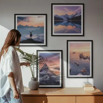 Set de cuadros modernos para salón con diseño de paisajes de montañas y lagos