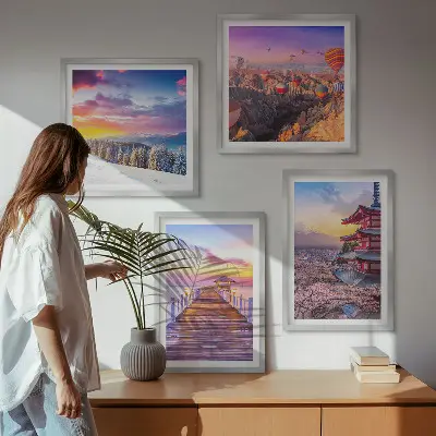 Set de 4 cuadros decorativos para salón con diseño de paisajes celestes románticos