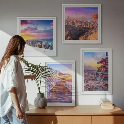 Set de 4 cuadros decorativos para salón con diseño de paisajes celestes románticos