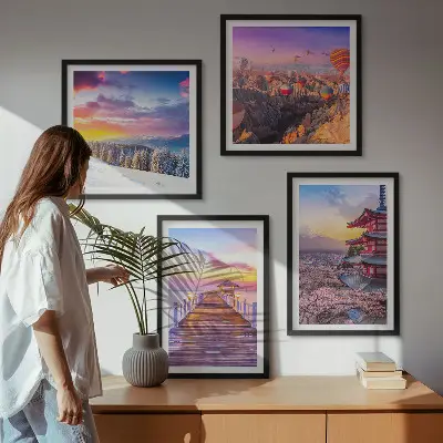 Set de 4 cuadros decorativos para salón con diseño de paisajes celestes románticos