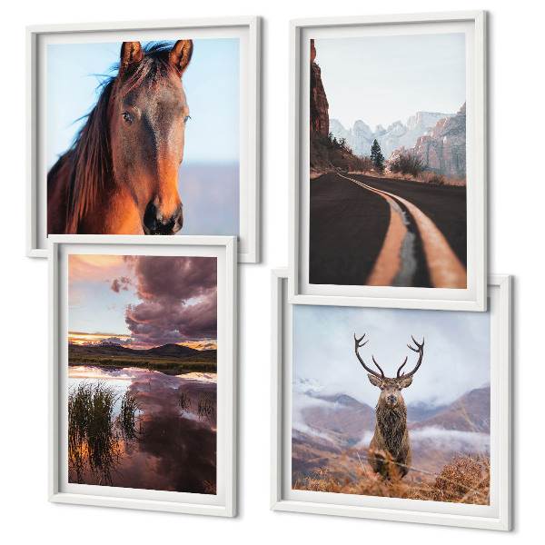 Set de 4 cuadros para salón Paisajes de montaña, camino para caballos de reno