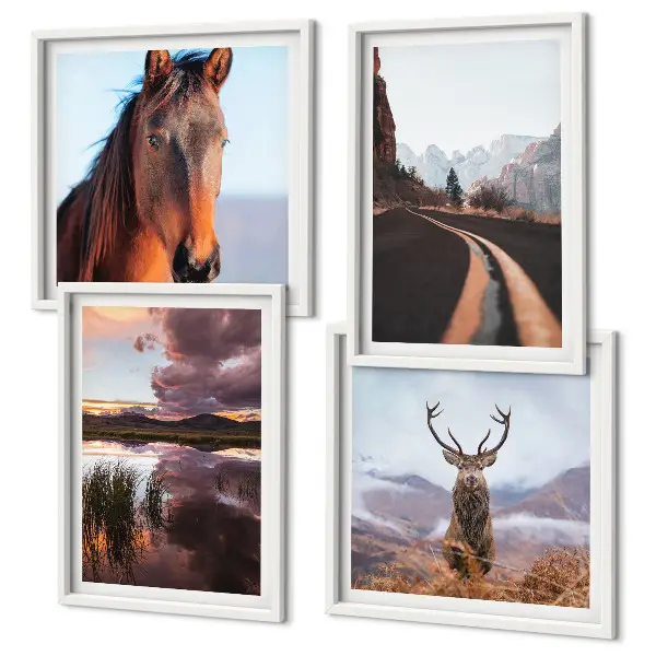 Set de 4 cuadros para salón paisajes de montaña con camino y renos