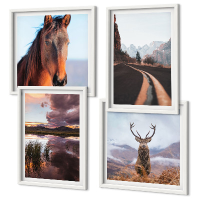 Set de 4 cuadros para salón Paisajes de montaña, camino para caballos de reno